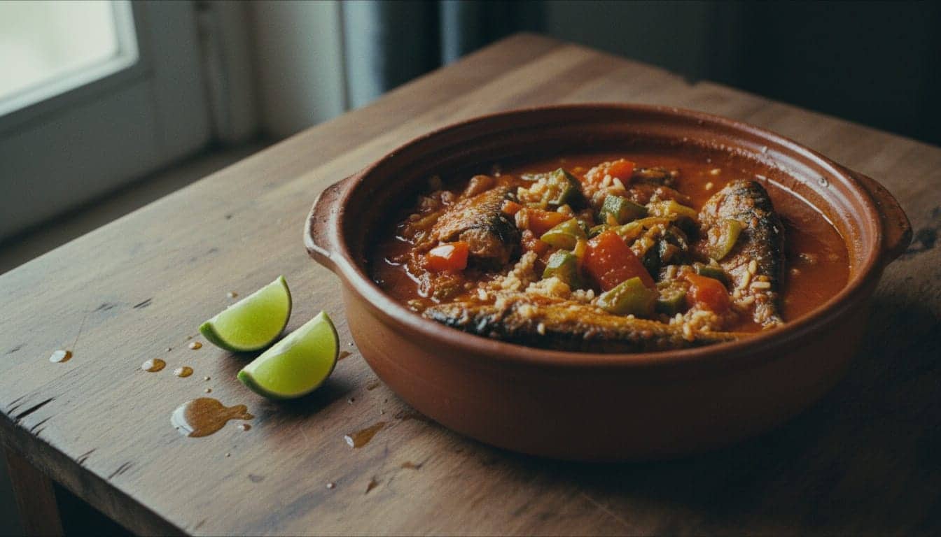 Plat de riz et de poisson à l'huile de palme dans un plat en terre cuite, quartiers de citron vert, sur une table en bois