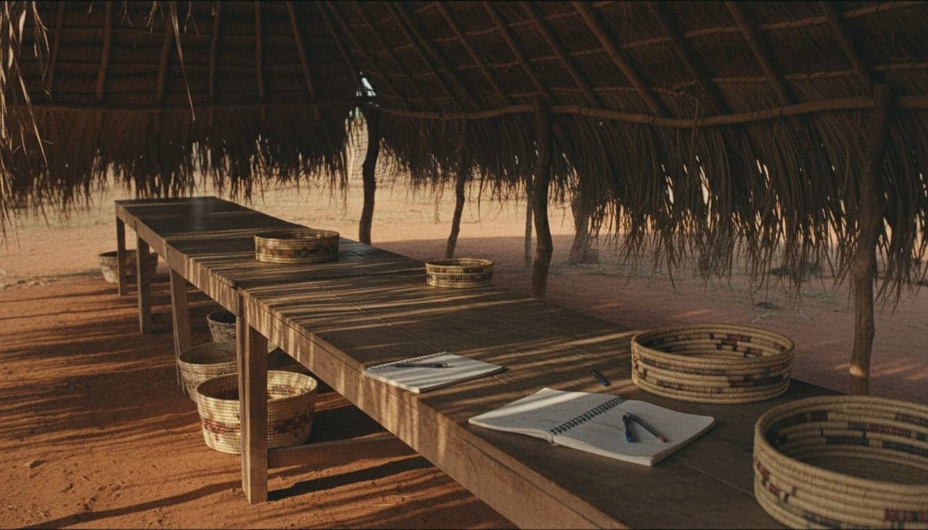 Table en bois sous une paillote en Casamance, carnets et stylos posés, lumière rasante de fin d'après-midi