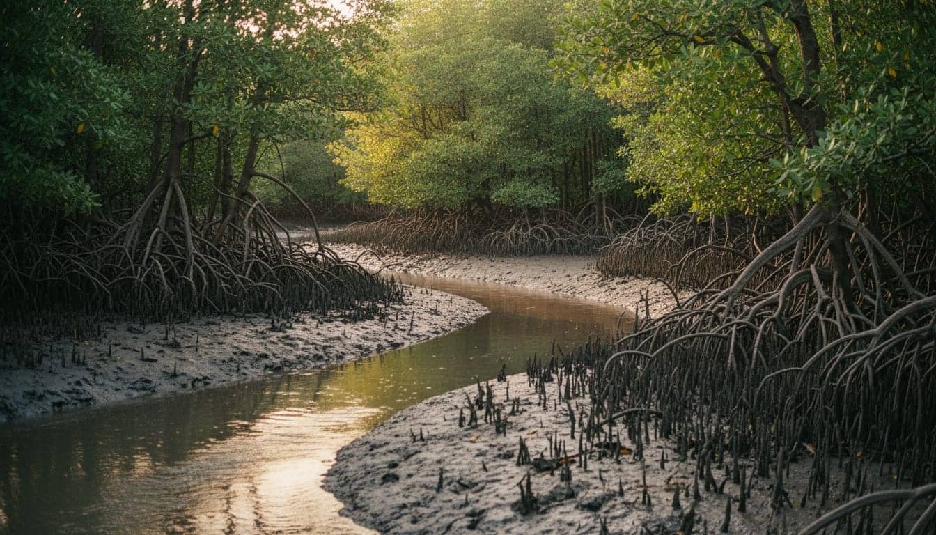 Racines-échasses de palétuviers découvertes à marée basse le long d'un bolong de Casamance, lumière rasante du soir