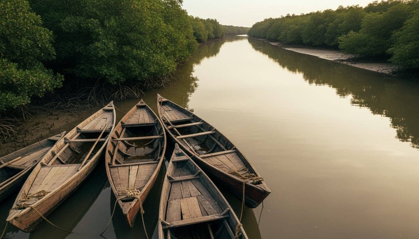 Pirogues de bois amarrées côte à côte le long d'un bolong bordé de mangrove, en lumière rasante