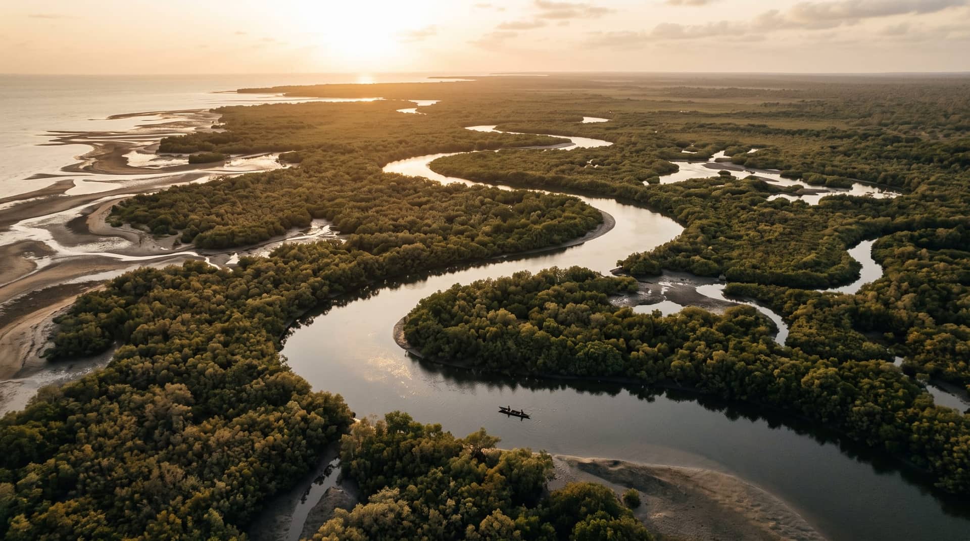 Vue aérienne des bolongs et de la mangrove de Casamance au coucher du soleil, une pirogue sur le chenal