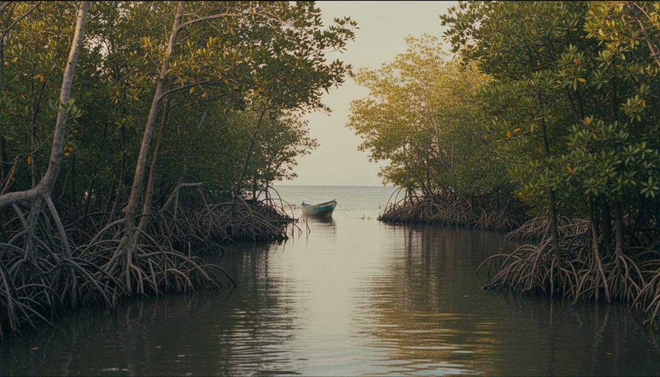 Chenal de mangrove en Casamance à la lumière rasante, racines de palétuviers au premier plan et pirogue au loin