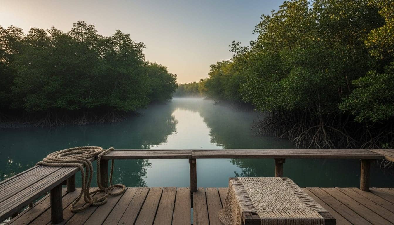 Terrasse en bois brut tournée vers un bras de mer bordé de palétuviers, en lumière rasante de fin de journée.