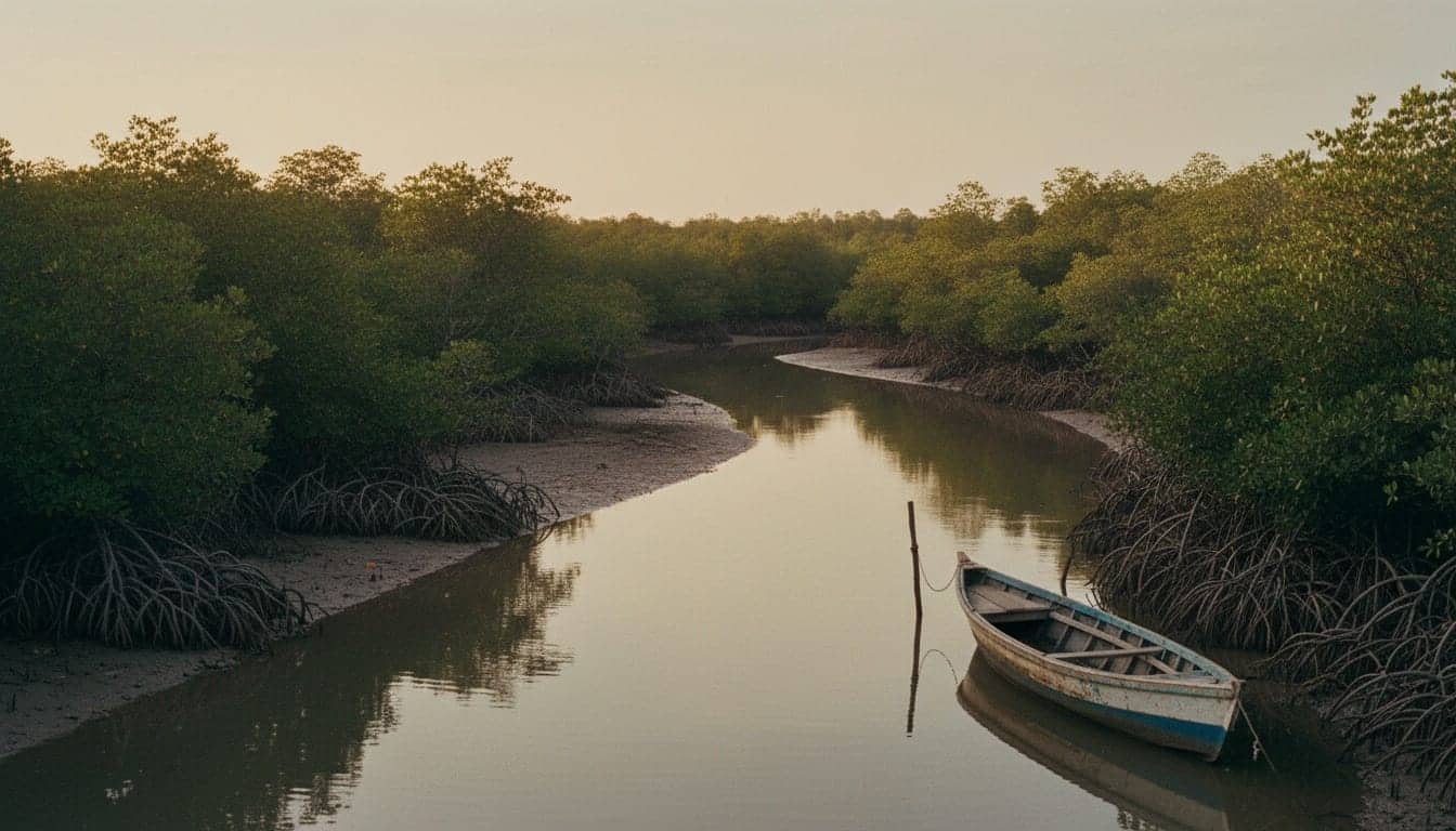 Bolong de Casamance en lumière rasante, mangrove dense sur les deux rives et pirogue amarrée au premier plan