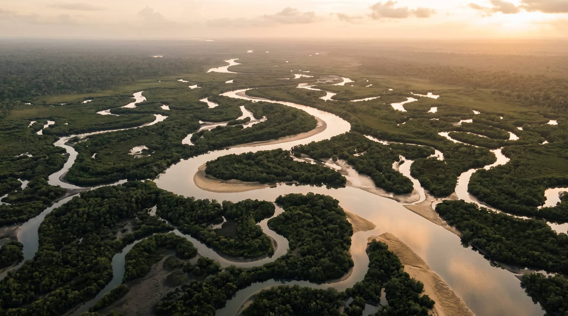 Vue aérienne de chenaux serpentant dans la mangrove à la lumière rasante