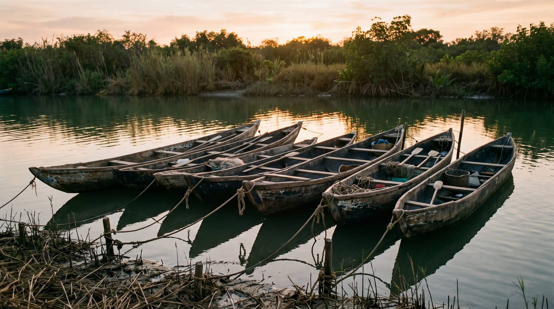 Pirogues amarrées côte à côte sur un bras de fleuve, à la lumière rasante